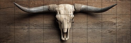 Tile mural with longhorn skull and wooden background